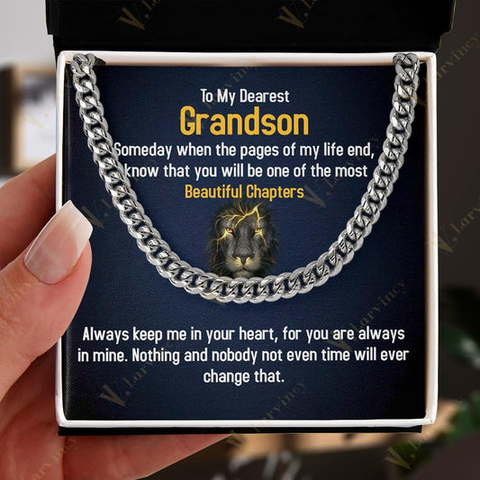 Gifts From Grandma, Forever Loved Gift For Grandson From Grandpa, Stainless Steel Cuban Link Necklace For Granson Gift With Box Personalized Message Card, Always In Mine - Larvincy
