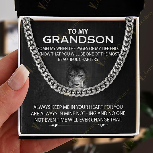 Gifts From Grandma, Forever Loved Gift For Grandson From Grandpa, Stainless Steel Cuban Link Necklace For Granson Gift With Box Personalized Message Card, Beautiful Chapters - Larvincy