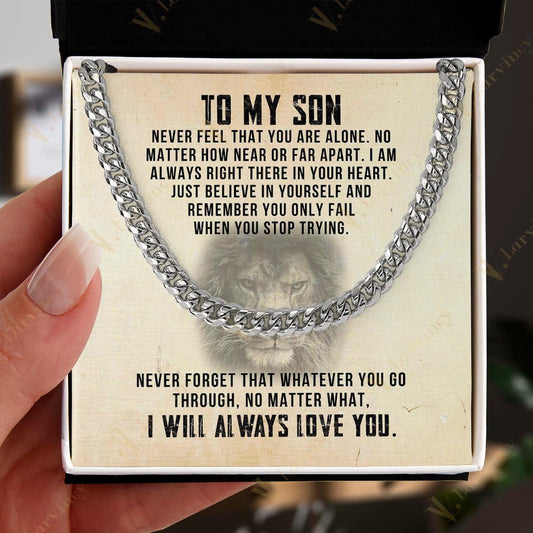 To My Son Necklace From Mom, Fathers Day Gift To My Son From Mom, Cuban Chain For Men, Gift Cuban Link Chain From Dad With Box Personalized Message Card, Always Right There - Larvincy