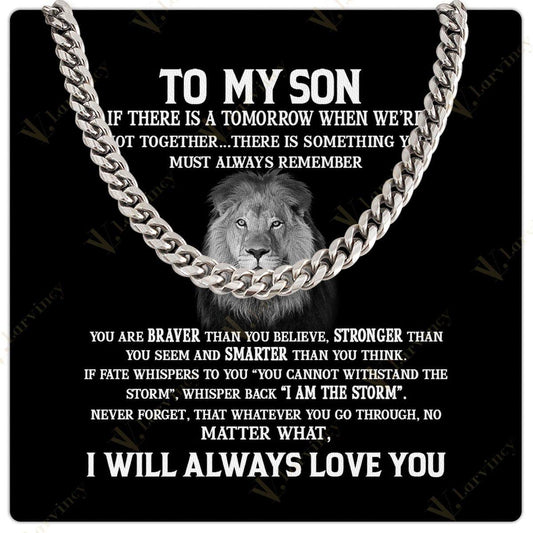 To My Son Necklace From Mom, Fathers Day Gift To My Son From Mom, Cuban Chain For Men, Gift Cuban Link Chain From Dad With Box Personalized Message Card, Lion Black - Larvincy