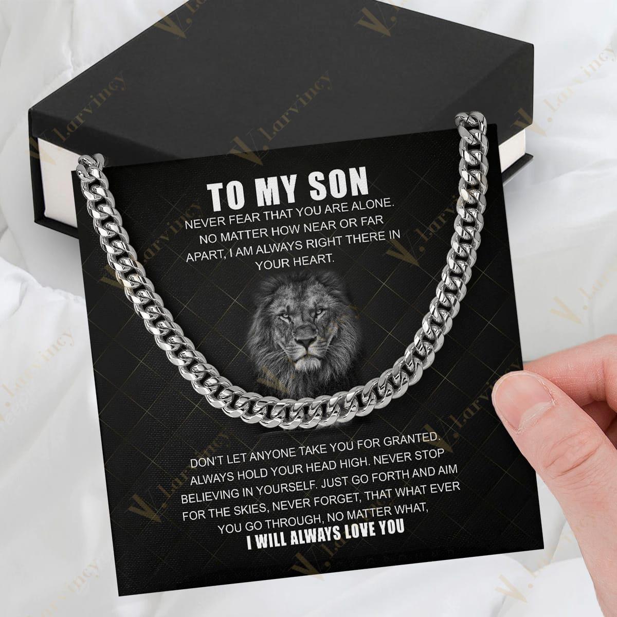 To My Son Necklace From Mom, Fathers Day Gift To My Son From Mom, Cuban Chain For Men, Gift Cuban Link Chain From Dad With Box Personalized Message Card, Never Stop Trying - Larvincy