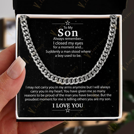 To My Son Necklace From Mom, Fathers Day Gift To My Son From Mom, Cuban Chain For Men, Gift Cuban Link Chain From Dad With Box Personalized Message Card, Wolf Black - Larvincy