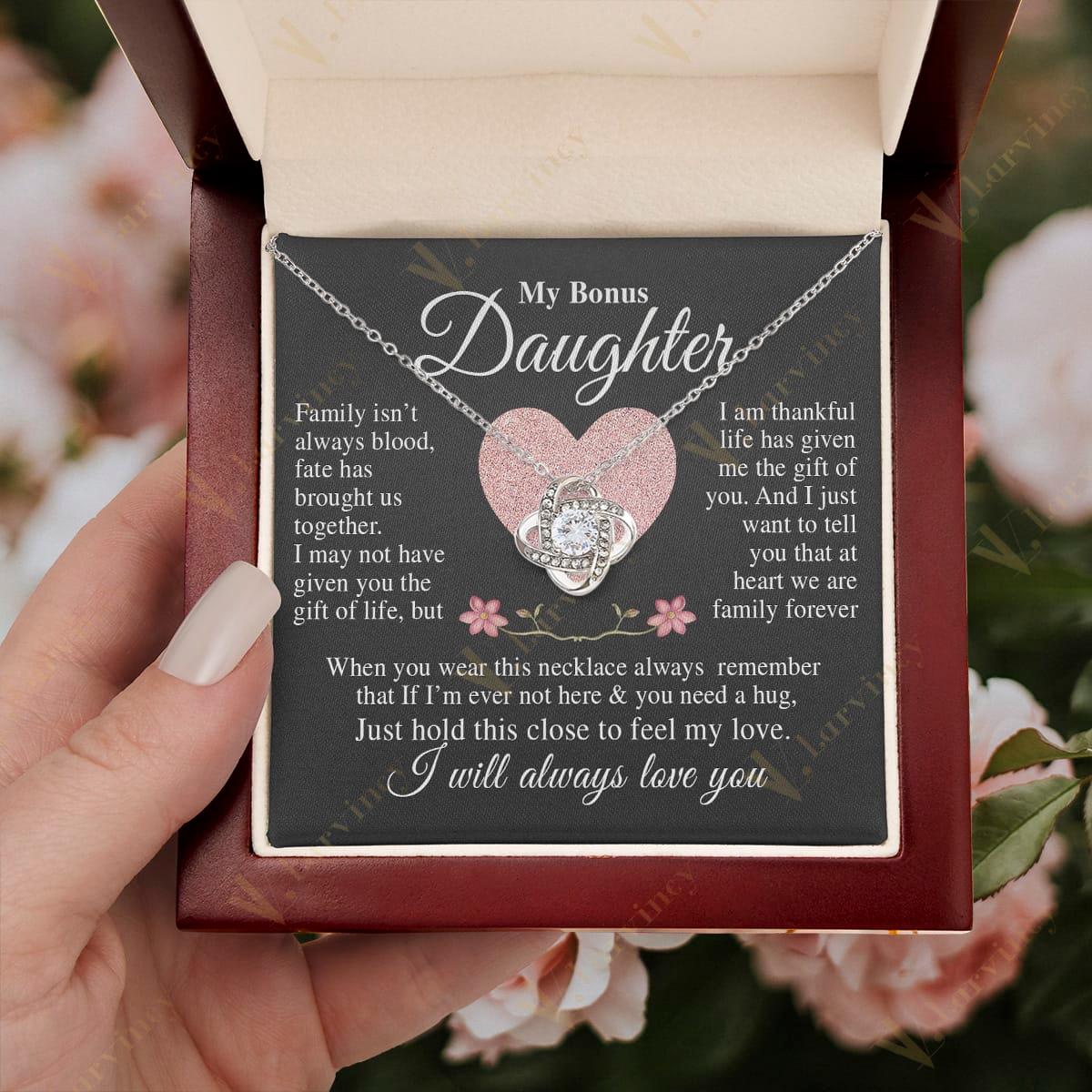 To My Bonus Daughter Necklace, Step Daughter Gift From Step Mom, Step Dad, Adopted Daughter Jewelry With Gift Box And Personalized Message Card, Heart Flower - Larvincy Jewel