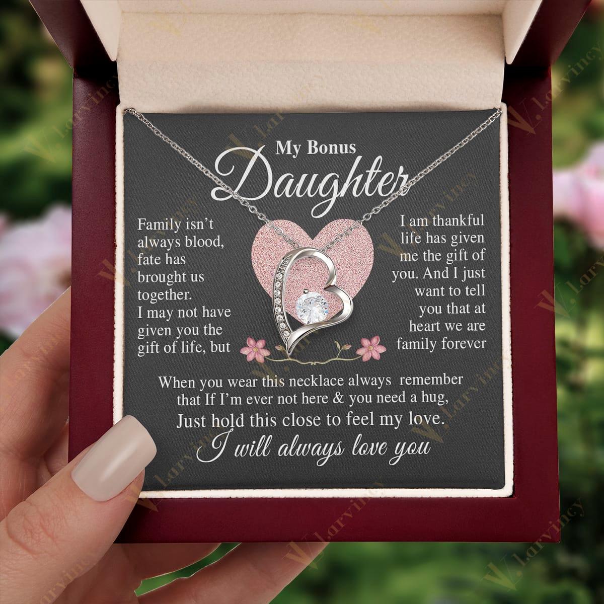 To My Bonus Daughter Necklace, Step Daughter Gift From Step Mom, Step Dad, Adopted Daughter Jewelry With Gift Box And Personalized Message Card, Heart Flower - Larvincy Jewel