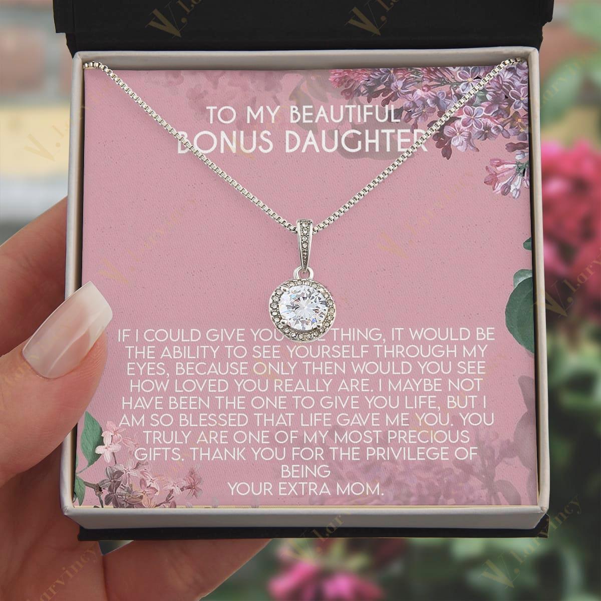 To My Bonus Daughter Necklace, Step Daughter Gift From Step Mom, Step Dad, Adopted Daughter Jewelry With Gift Box And Personalized Message Card, Most Precious Gifts - Larvincy