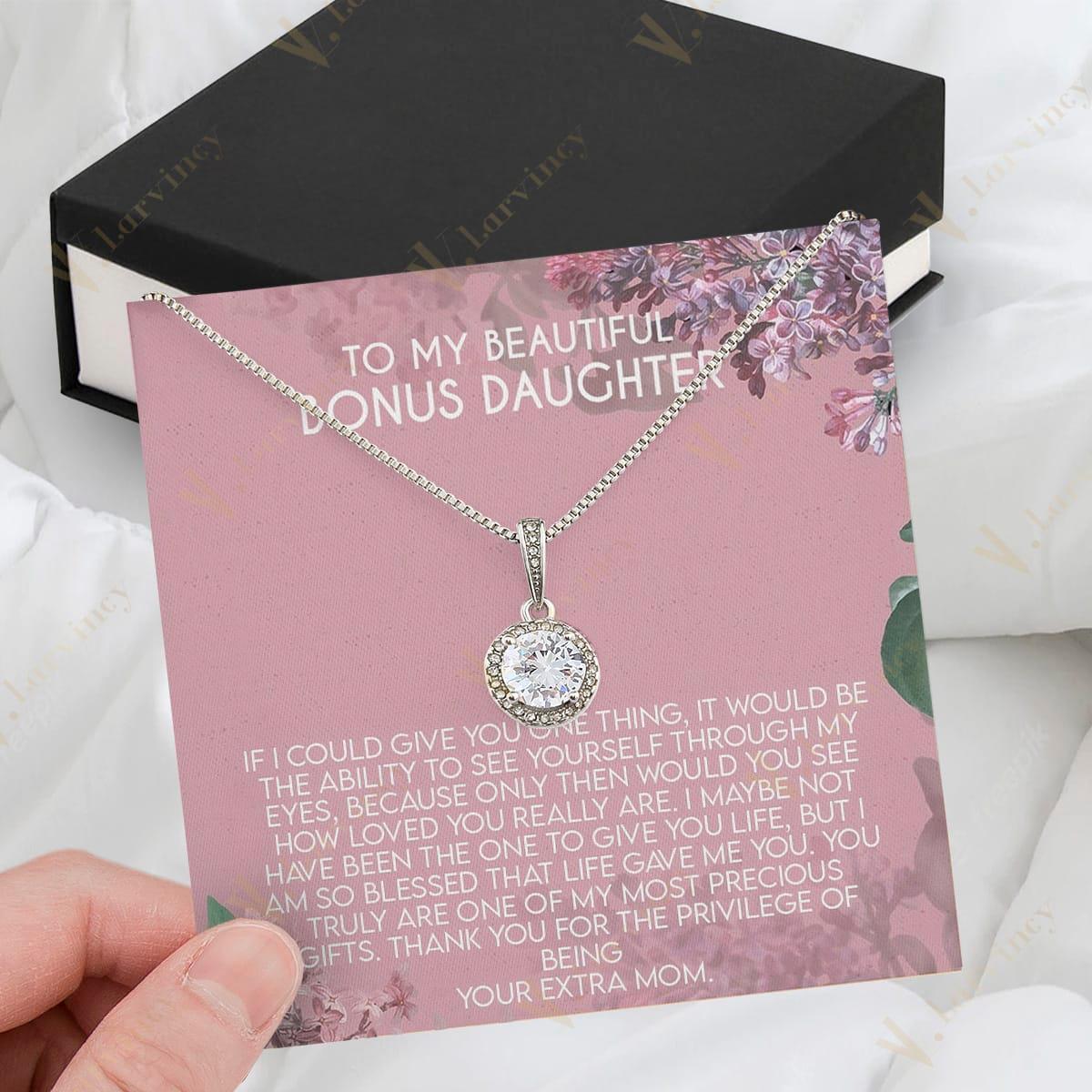 To My Bonus Daughter Necklace, Step Daughter Gift From Step Mom, Step Dad, Adopted Daughter Jewelry With Gift Box And Personalized Message Card, Most Precious Gifts - Larvincy