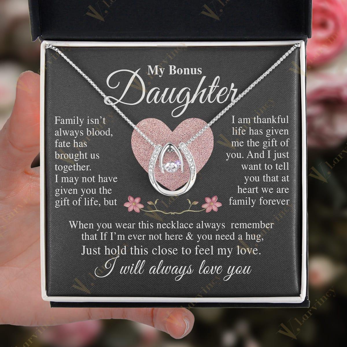 To My Bonus Daughter Necklace, Step Daughter Gift From Step Mom, Step Dad, Adopted Daughter Jewelry With Gift Box And Personalized Message Card, Heart Flower - Larvincy