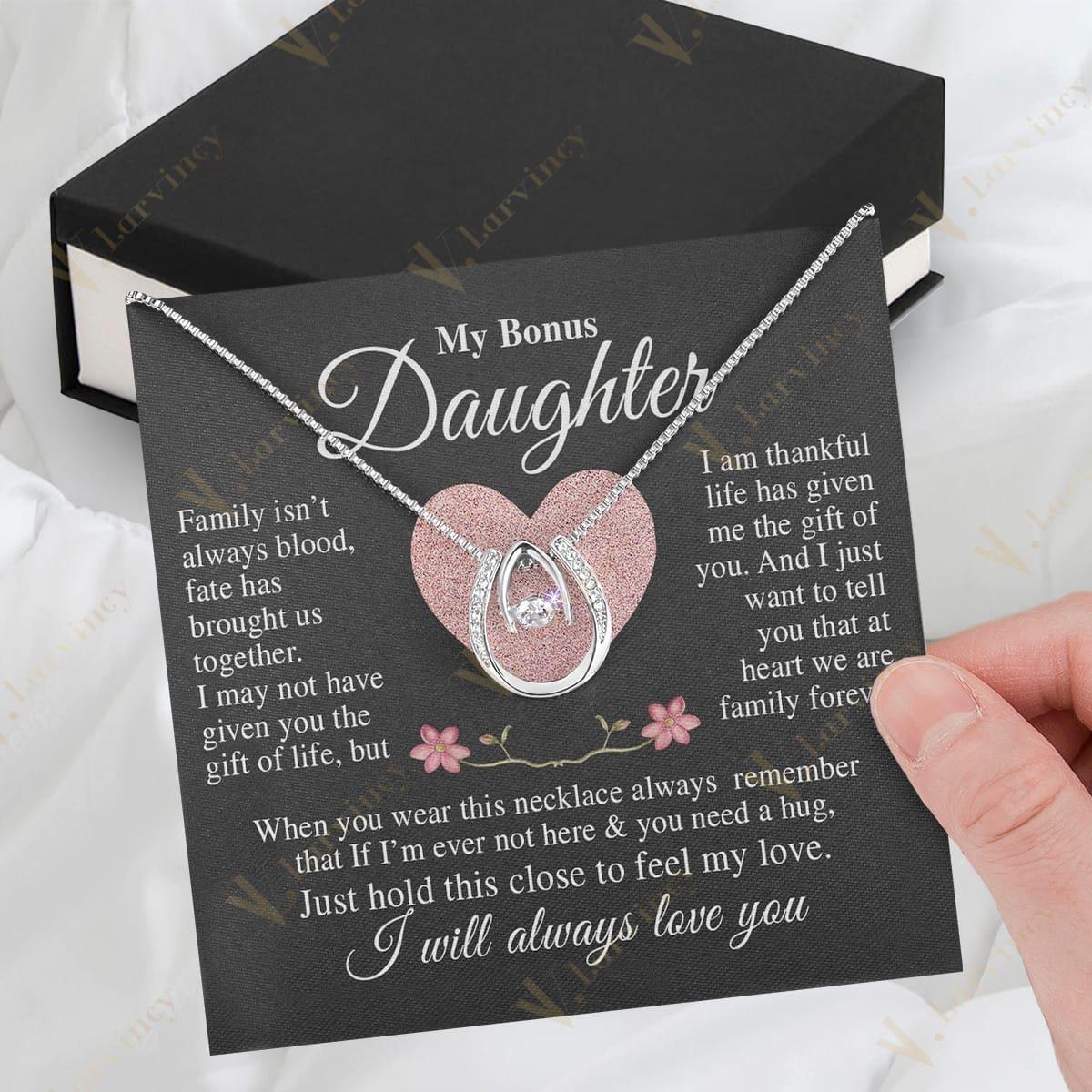 To My Bonus Daughter Necklace, Step Daughter Gift From Step Mom, Step Dad, Adopted Daughter Jewelry With Gift Box And Personalized Message Card, Heart Flower - Larvincy