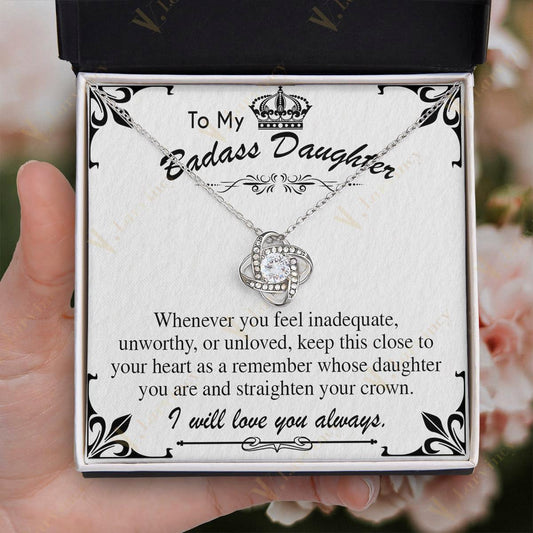 To My Badass Daughter Necklace From Mom, Jewelry For A Daughter From Mom With Gift Box And Personalized Message Card, Straighten Crown - Larvincy